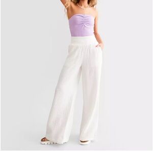 Billabong White Gauze Wide Leg Pants Smocked Waist Boho Beach Cotton XL
